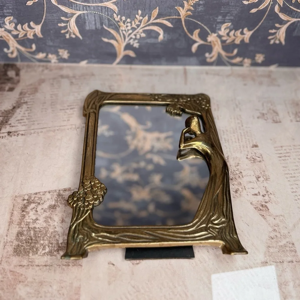 Vintage Art Nouveau Brass Lady of the Lake Vanity Mirror
